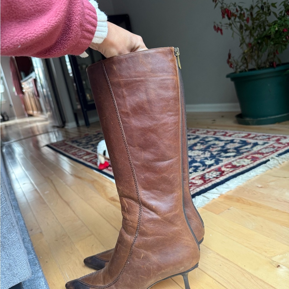 Jimmy Choo Chestnut Brown Leather Knee-High Heeled Boots - Picture 4 of 5
